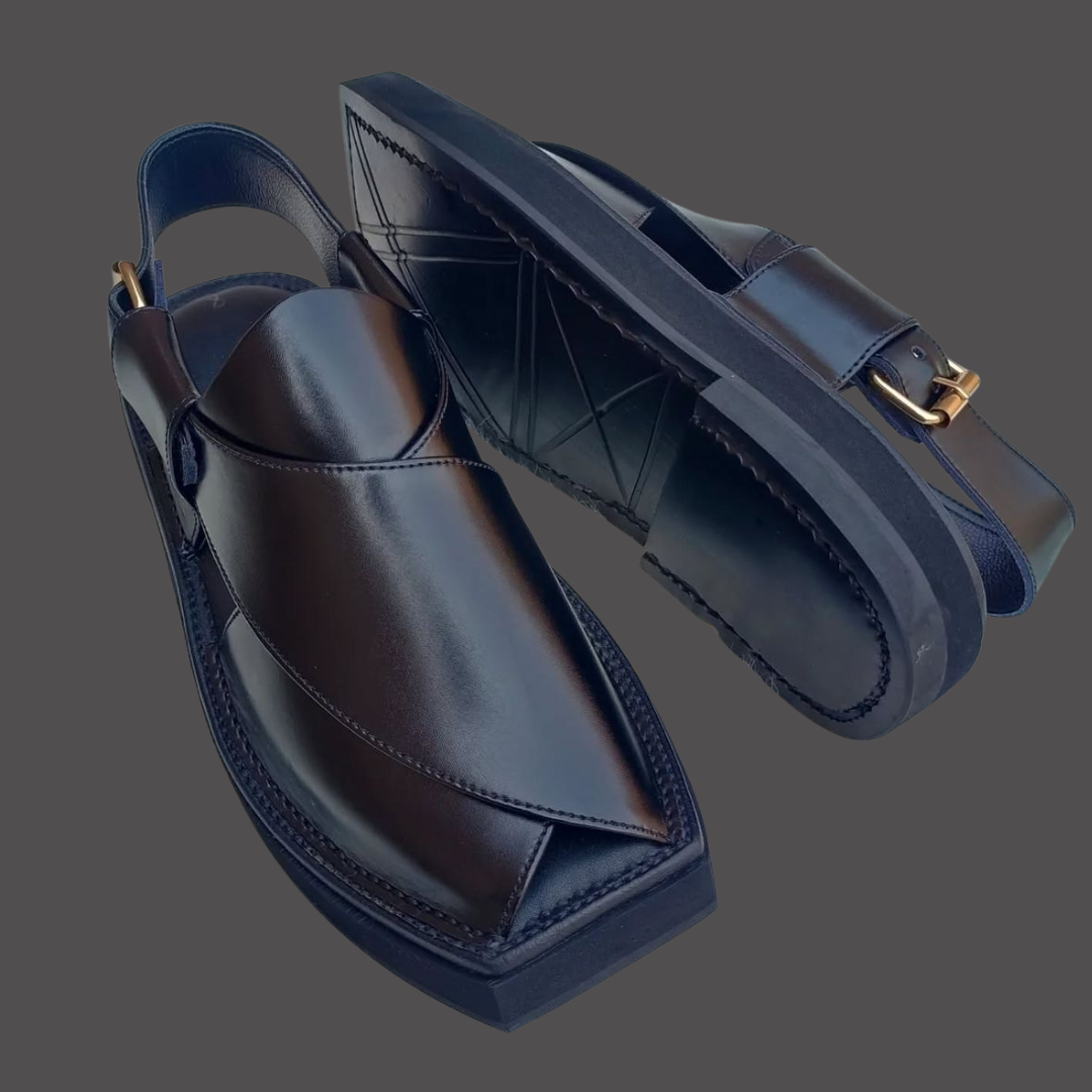 Glossy dark leather Peshawari sandals.