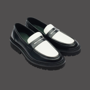 Two-tone black and white loafers.
