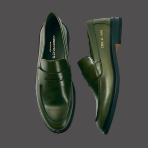 Olive green leather penny loafers.